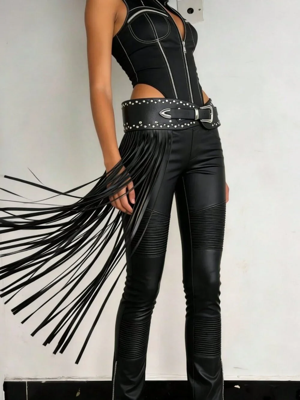 Coffee Y2K Chic Women's Faux Leather Fringe Punk Rivet Belt with Alloy Buckle